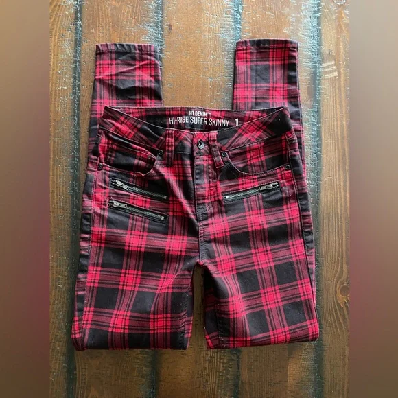 Hot Topic Jeans Hot Topic Denim Plaid Red Black Hi Rise Super